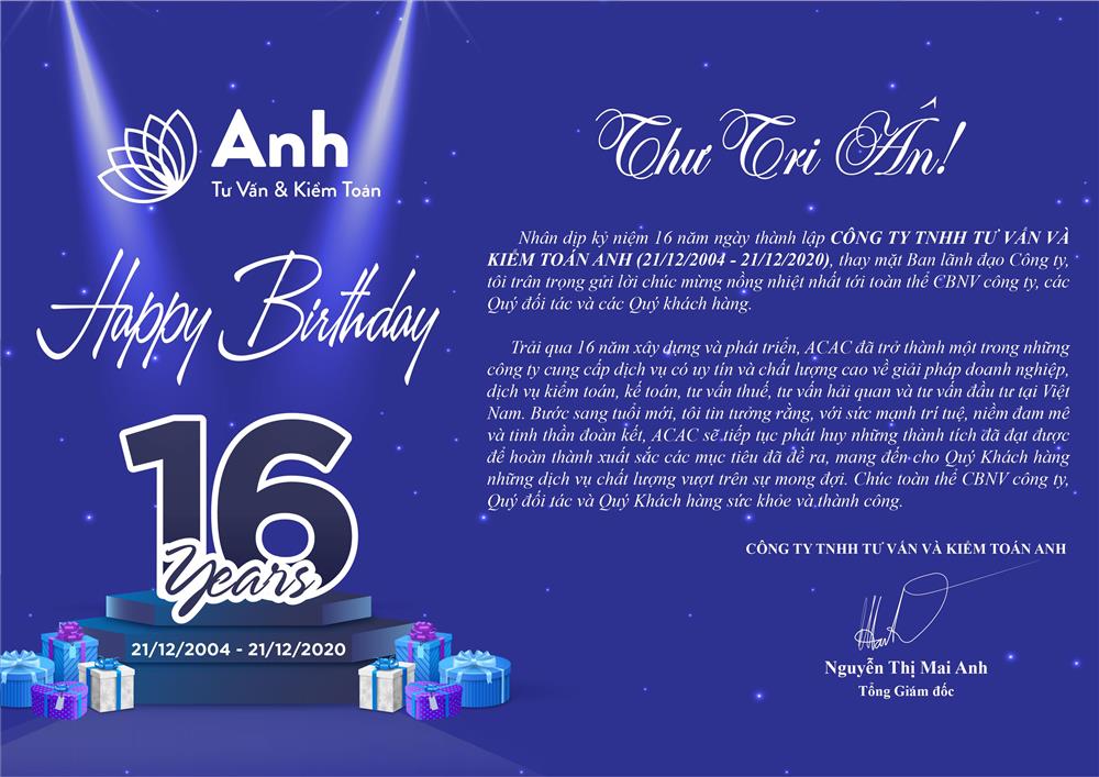THƯ TRI ÂN NHÂN LỄ KỶ NIỆM 16 NĂM NGÀY THÀNH LẬP 21/12/2004 - 21/12/2020